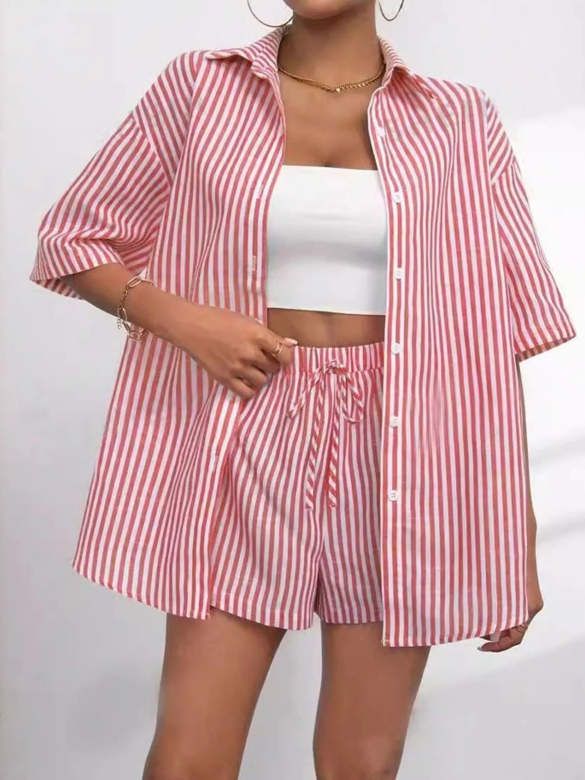 Striped Button Up Shirt Shorts Casual Set (3)