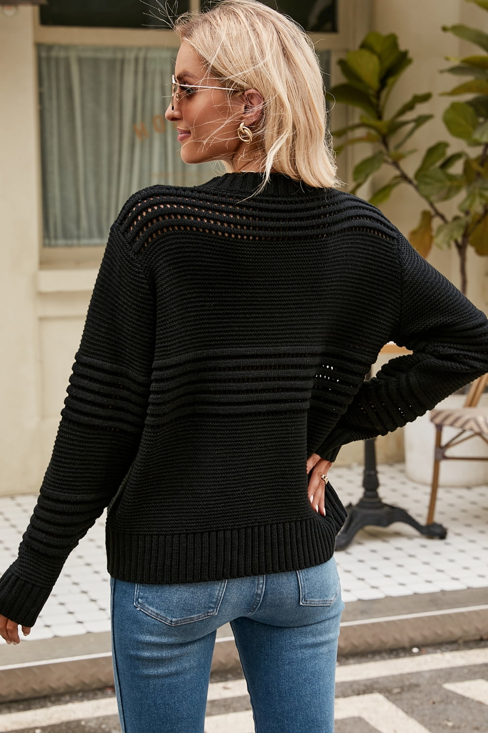 Round Neck Openwork Long Sleeve Pullover Sweater (6)