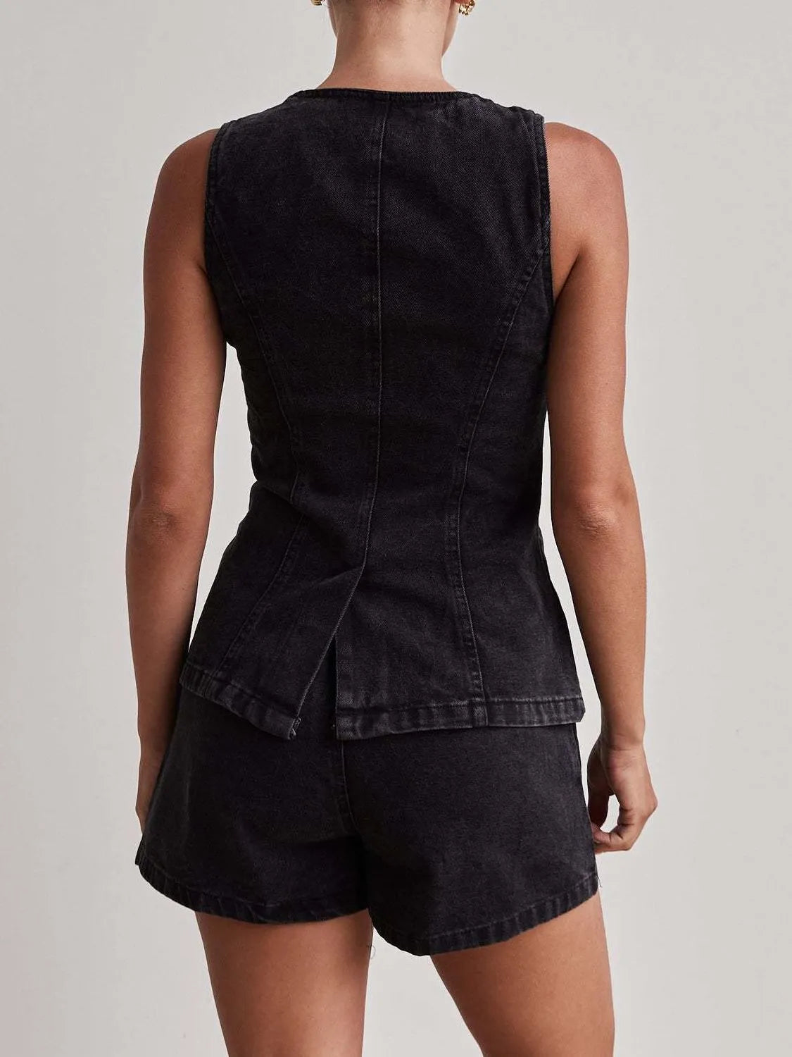 Button Down Vest Shorts Denim Set (18)