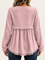 Full Size Frayed Hem Button Detail Blouse Plus (23)