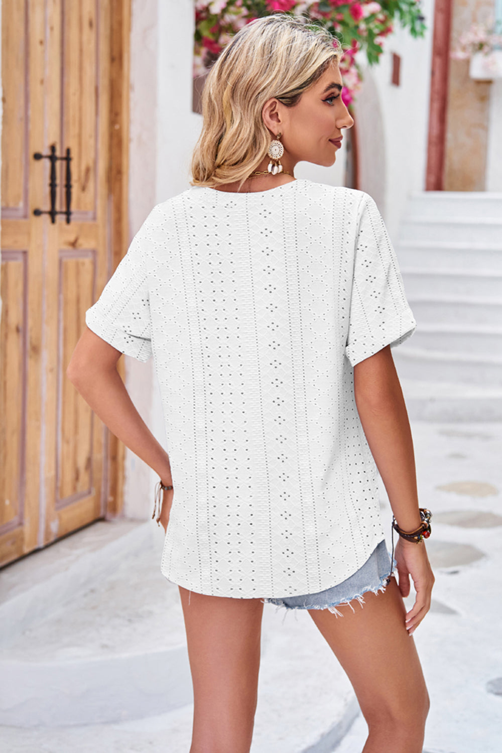 Buttoned Notched Neck Eyelet Top (6)