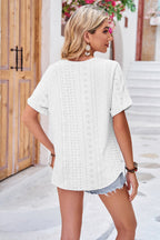 Buttoned Notched Neck Eyelet Top (6)