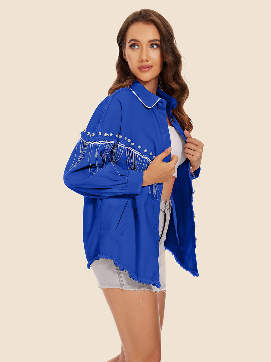 Raw Hem Fringe Detail Denim Jacket (11)