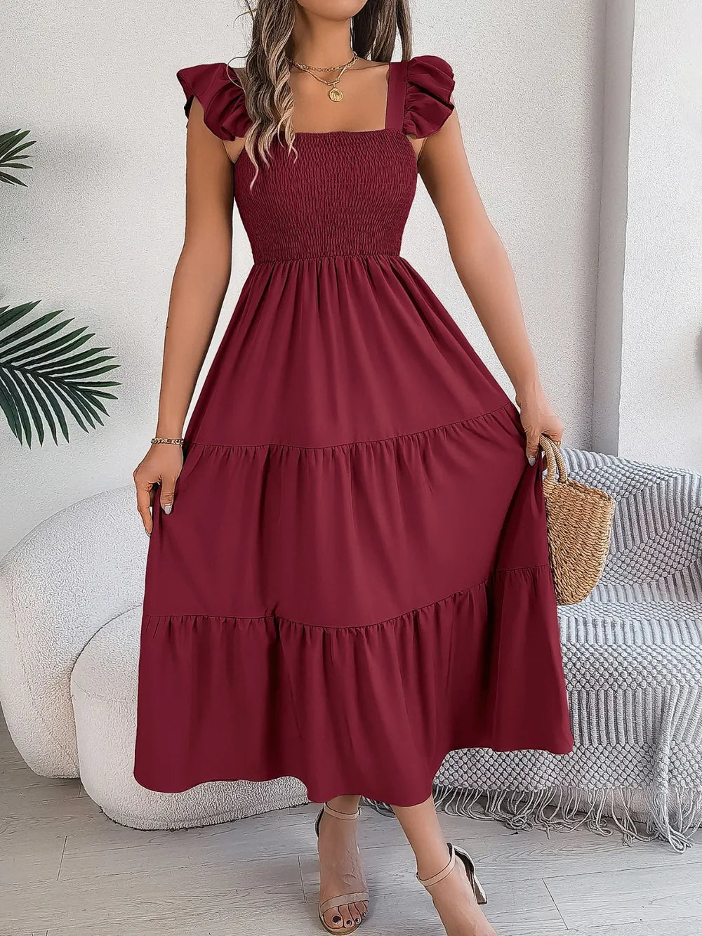Smocked Square Neck Cap Sleeve Midi Dress (19)