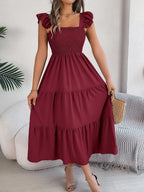 Smocked Square Neck Cap Sleeve Midi Dress (19)