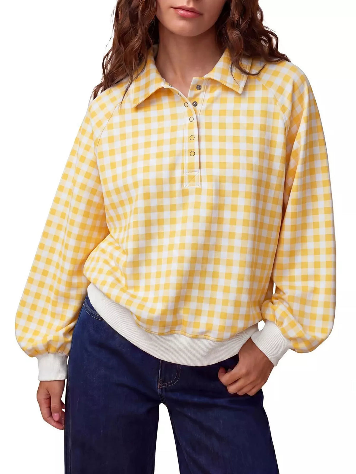 Gingham Plaid Collared Sweatshirt Ribbed Hem (19)