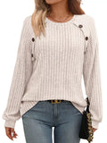 Ribbed Knit Decor Button Long Sleeve T-shirt