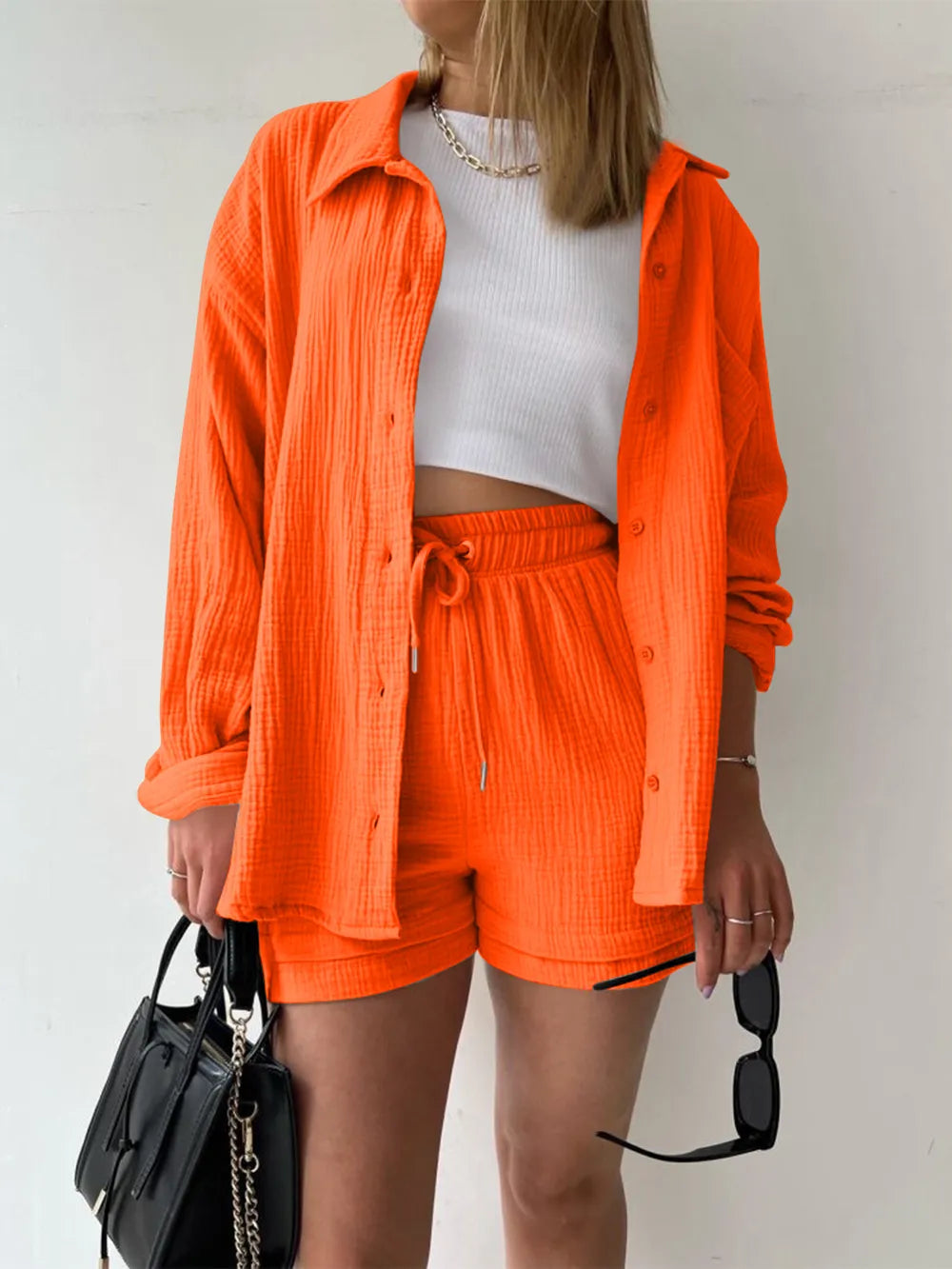Texture Button Up Shirt Drawstring Shorts Set (31)