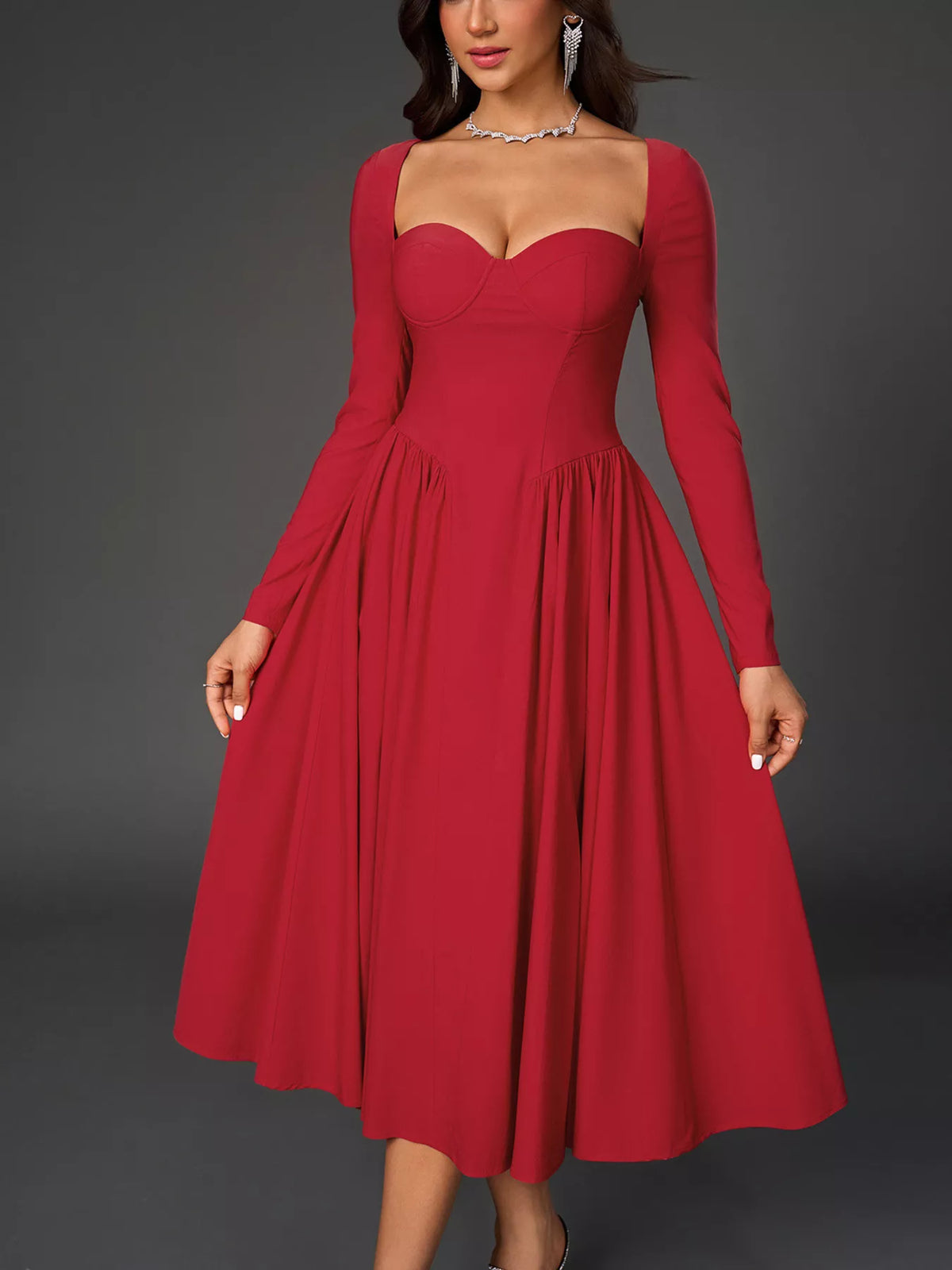 Sweetheart Neckline Long Sleeve A-line Midi Dress (4)