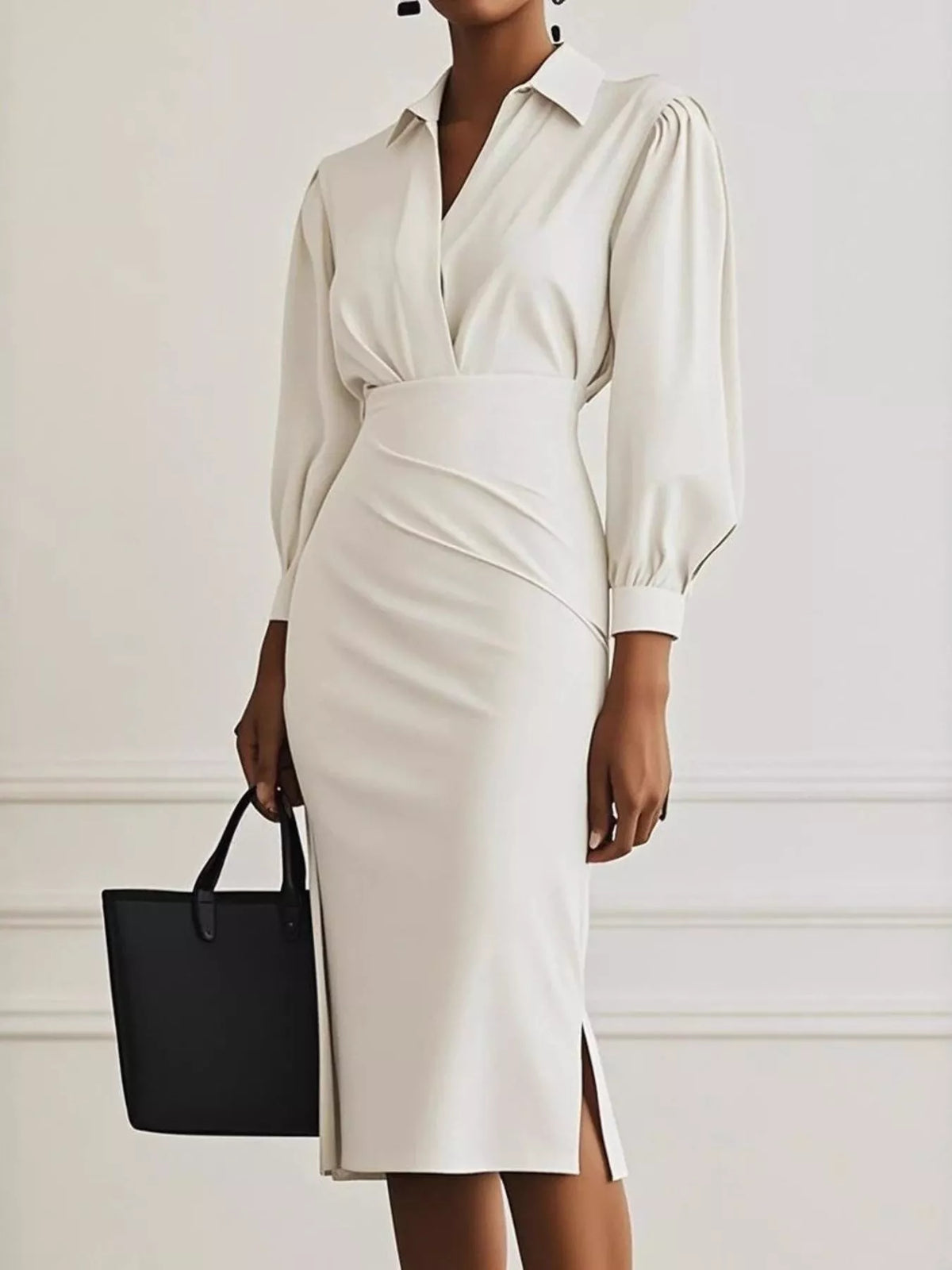 Ruched Midi Shirt Dress Side Slit (8)