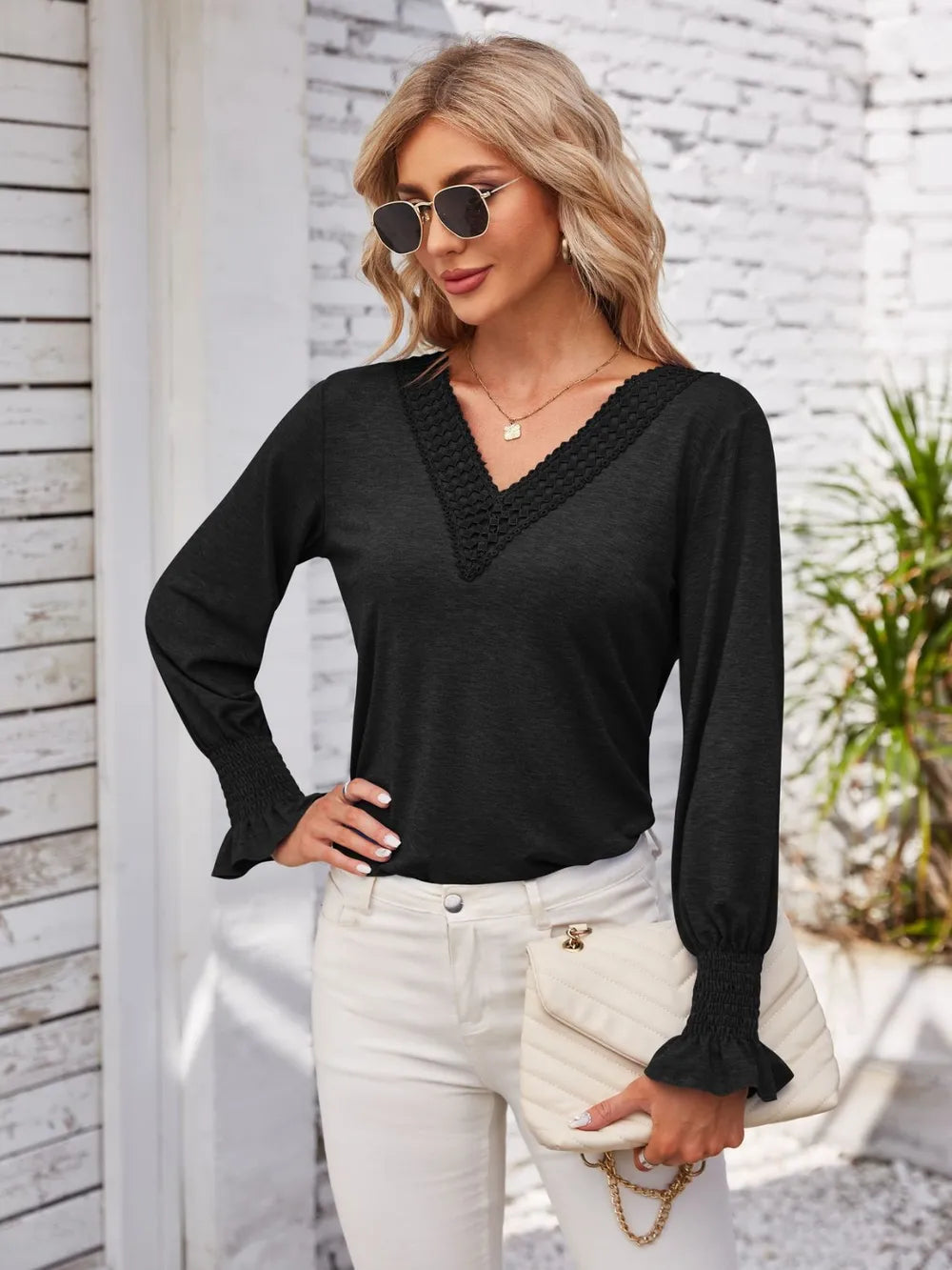 Smocked V-neck Long Sleeve Blouse (11)