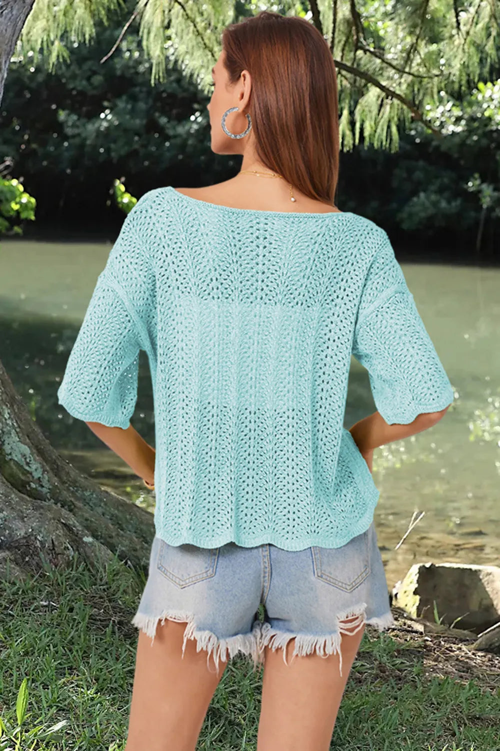 Openwork Round Neck Half Sleeve Knit Top (16)