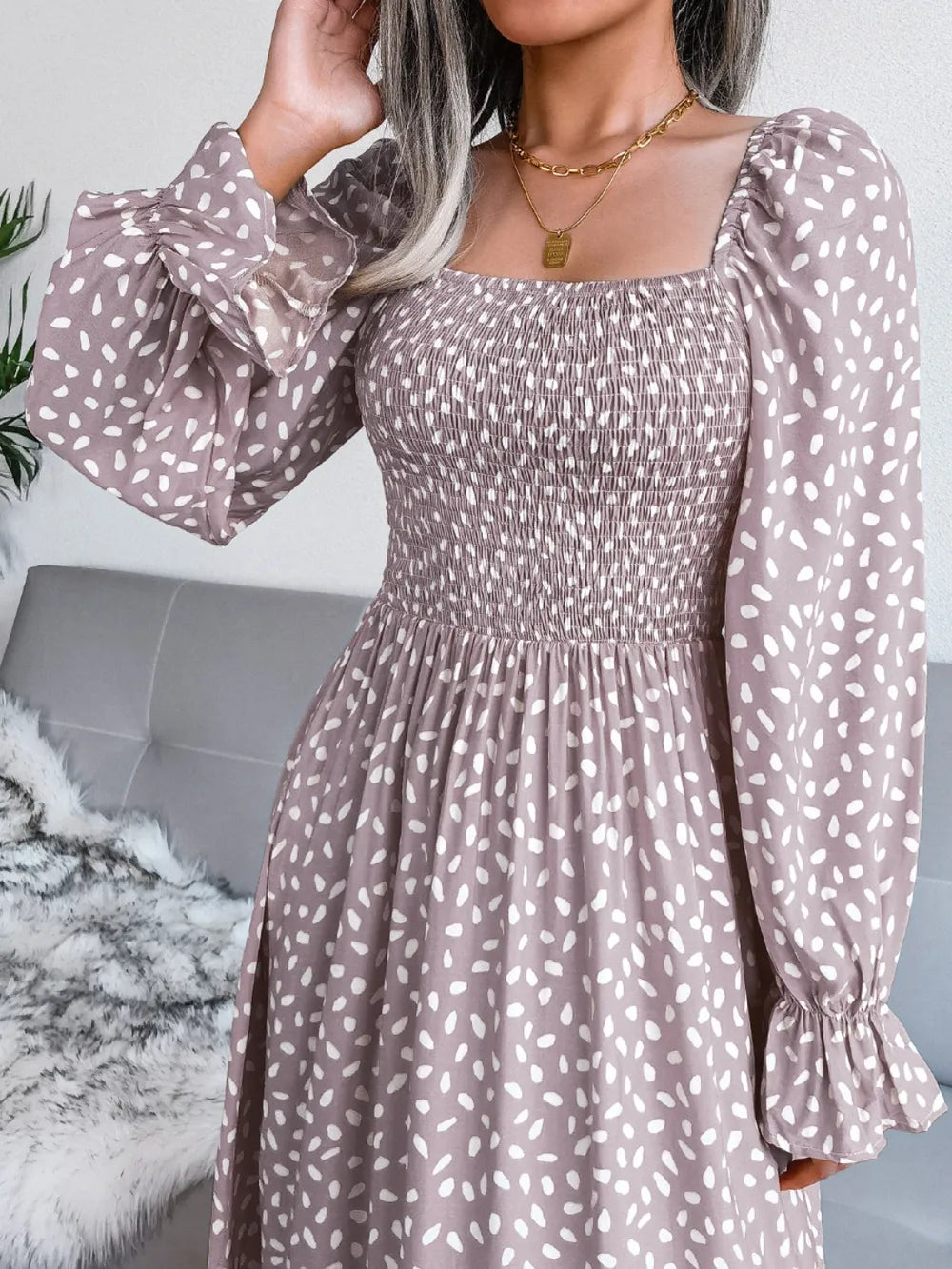 Smocked Square Neck Flounce Sleeve Dress (14)