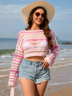 Openwork Boat Neck Dropped Shoulder Cover-up