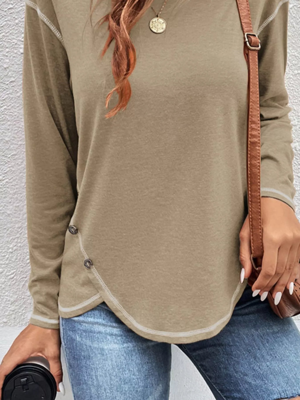 Casual Long Sleeve Exposed Seam T-shirt Decor Button (13)
