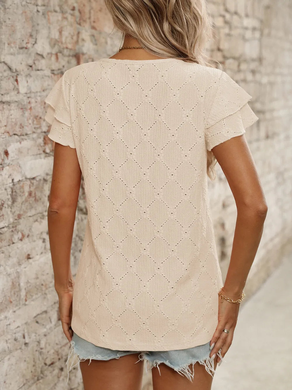 Eyelet Round Neck Double Layered Ruffled Short Sleeve Top (29)