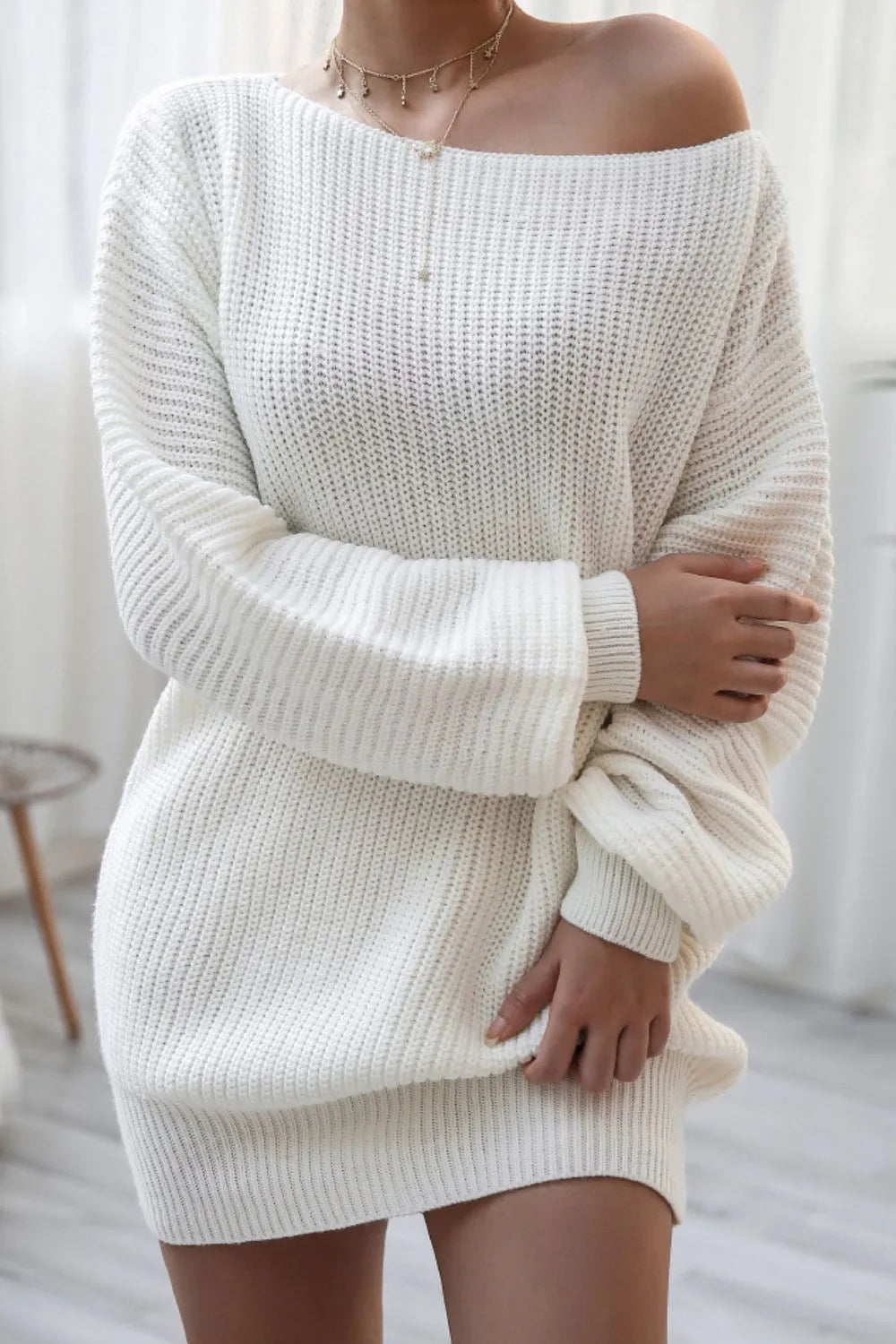 Boat Neck Long Sleeve Mini Sweater Dress (6)