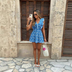 Casual Blue V-neck Embroidered Lace Dress Vacation Leisure photo 5