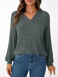 Ribbed Knit V-neck Long Sleeve T-shirt