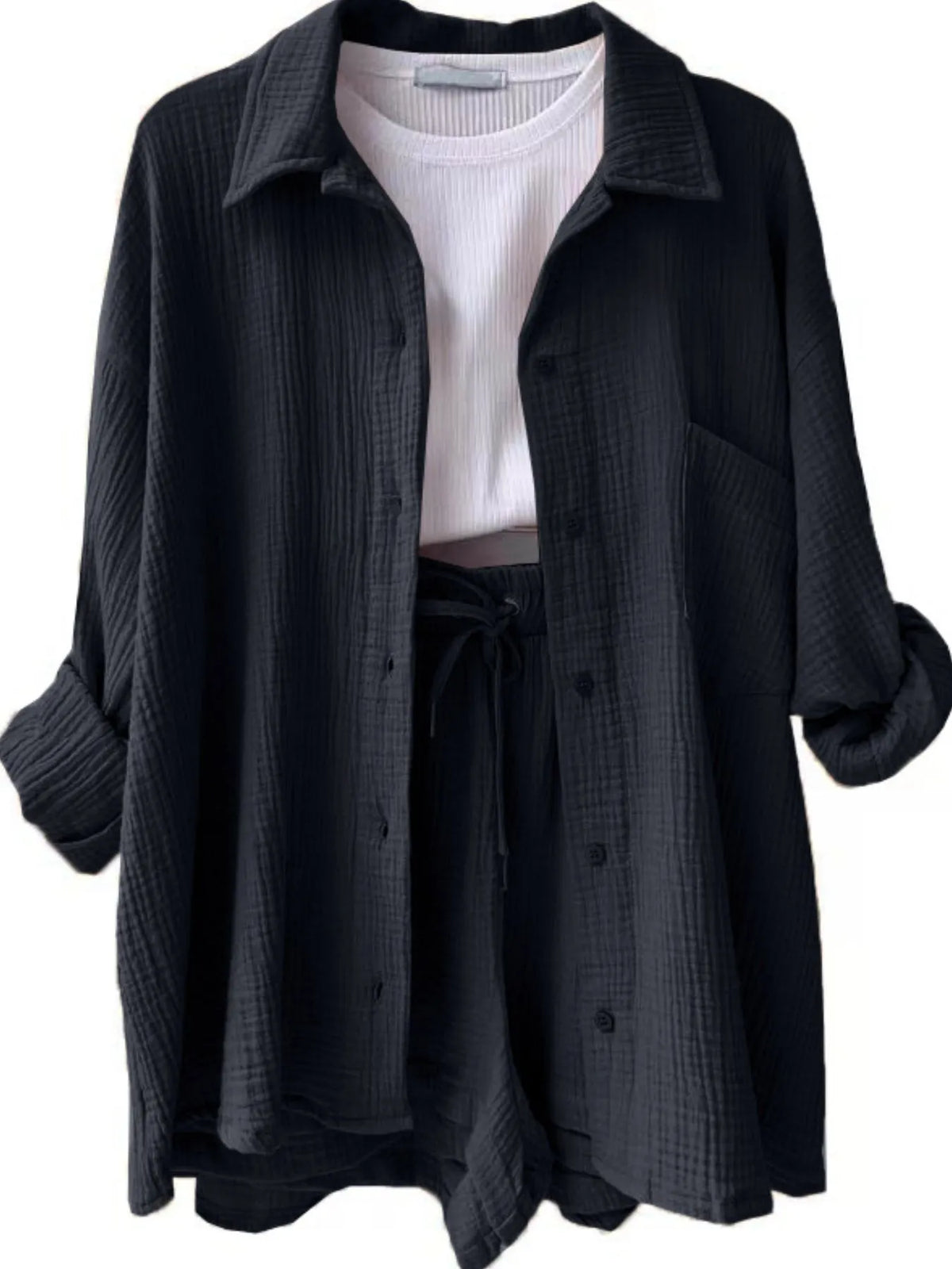 Textured Button Up Shirt Shorts Set (16)