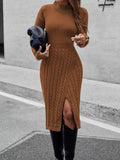 Full Size Mock Neck Cable Knit Sweater Dress Front Slit Plus