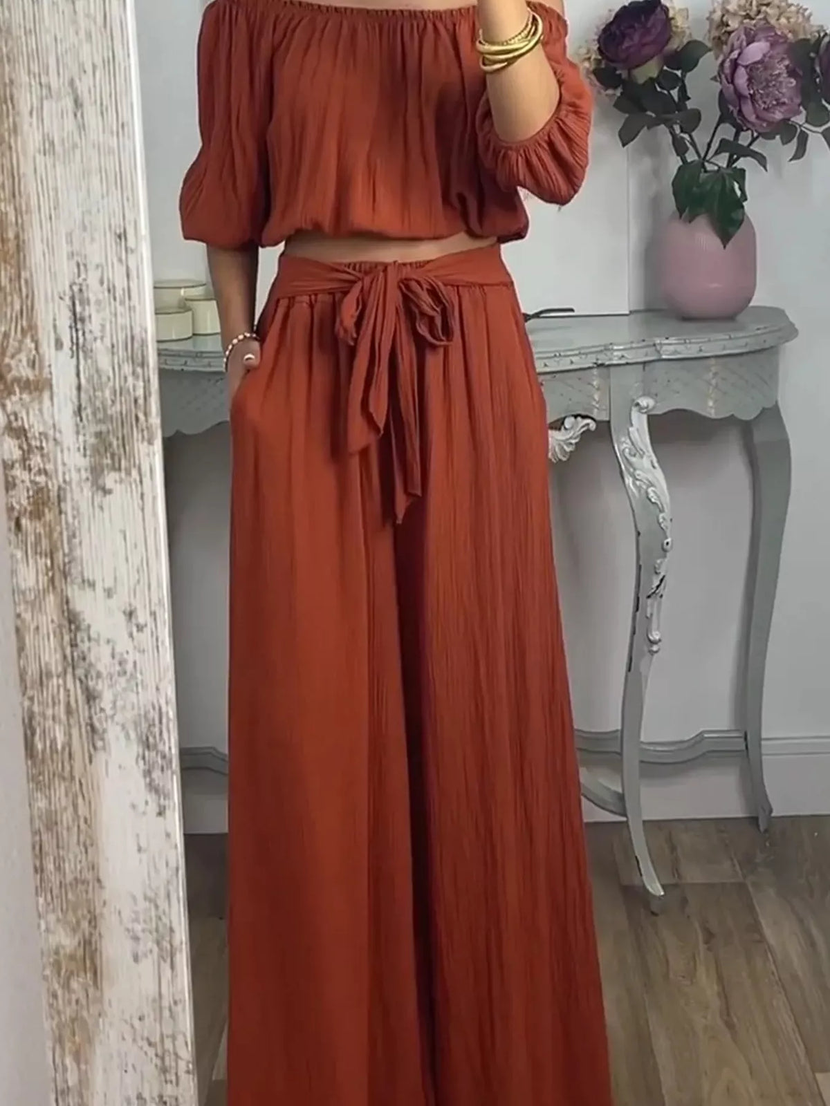 Full Size Off-shoulder Top Pants Set Plus (5)