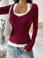 Scoop Neck Long Sleeve Fake Two-piece T-shirt (26)