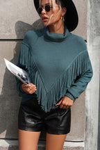 Turtle Neck Tassel Front Long Sleeve Pullover Sweater (3)
