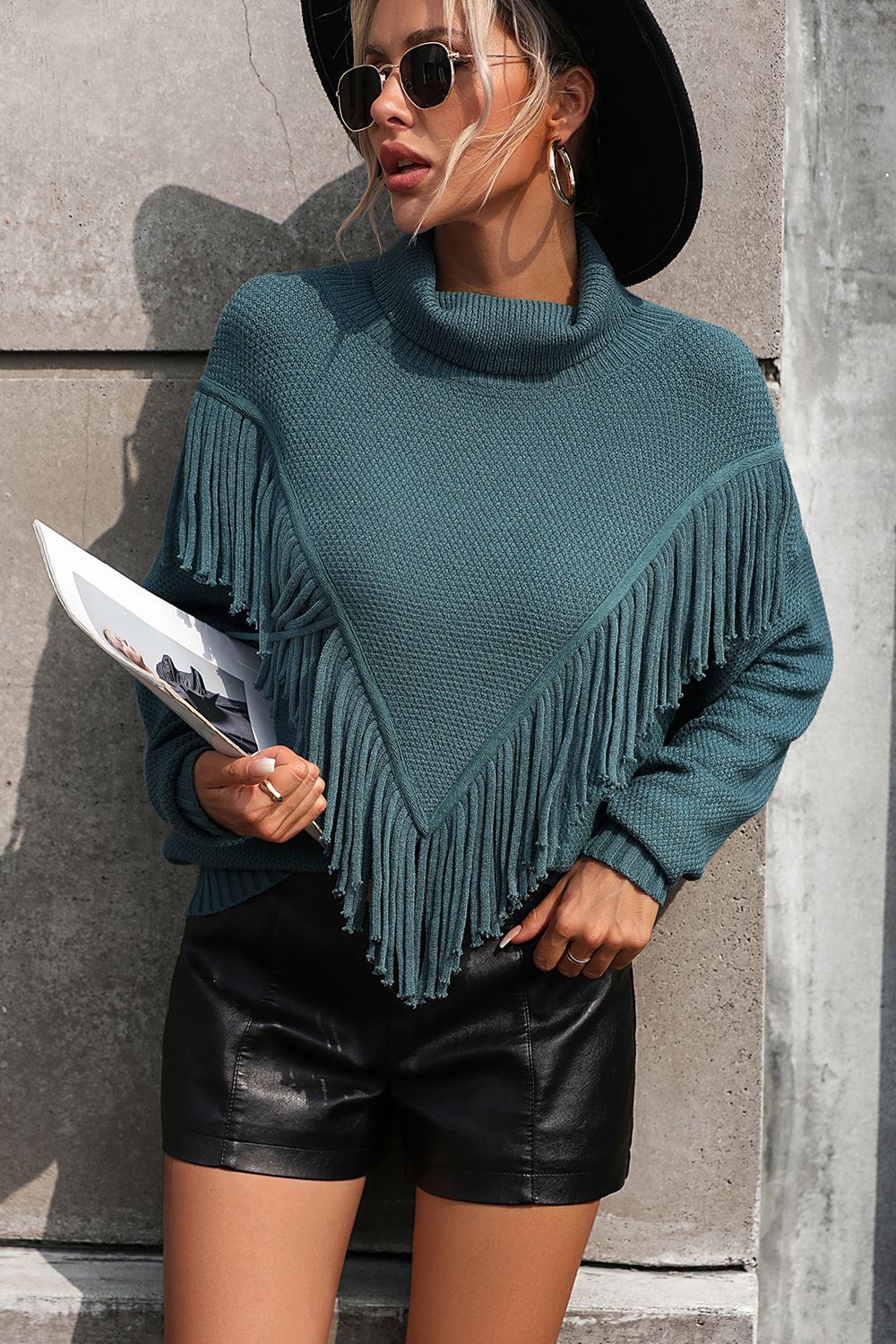 Turtle Neck Tassel Front Long Sleeve Pullover Sweater (3)