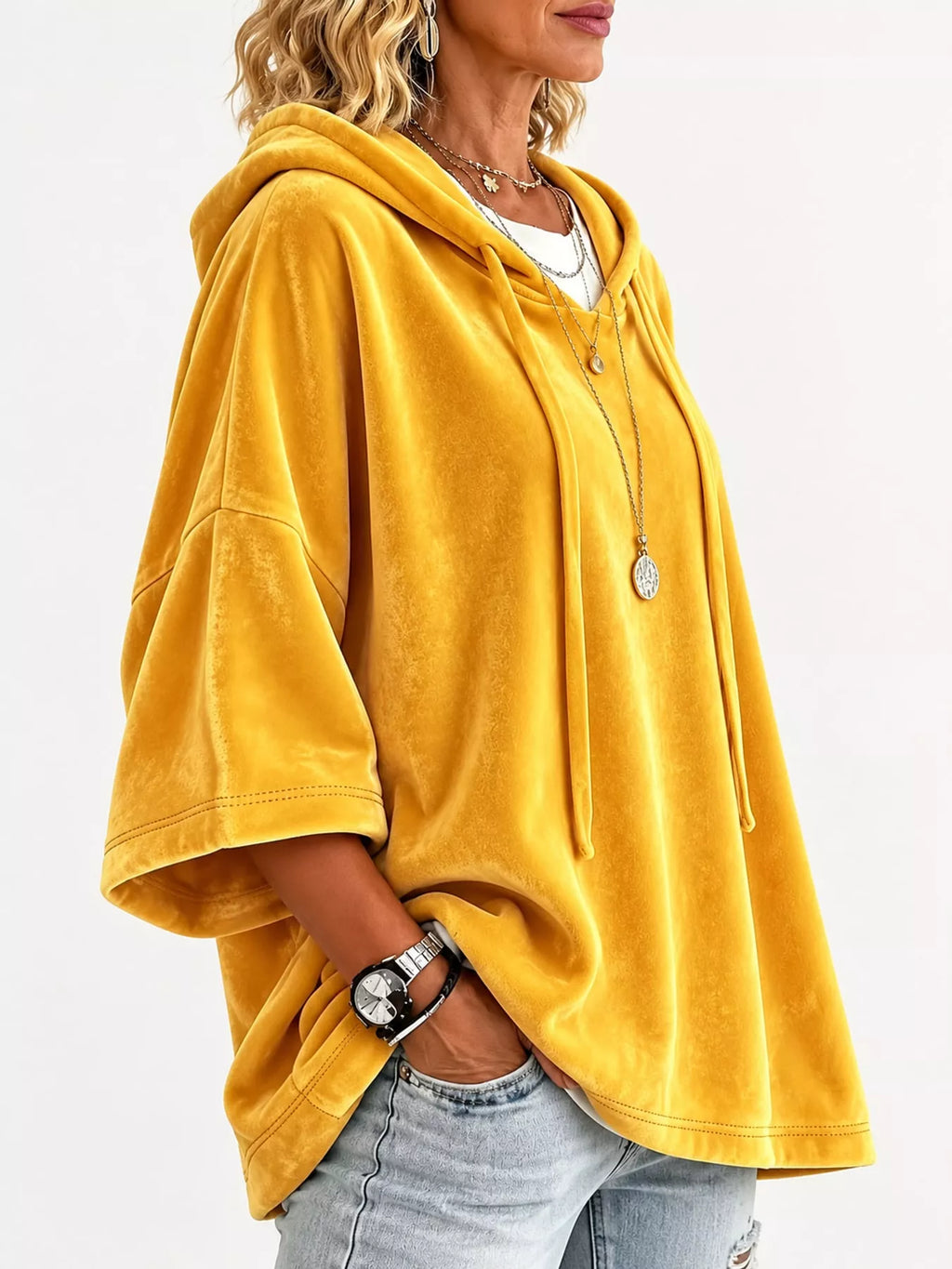 Full Size Velvet Half Sleeve Hoodie Drawstring Plus (11)