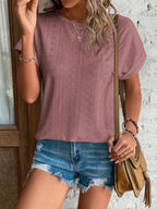 Eyelet Round Neck Short Sleeve T-shirt (12)