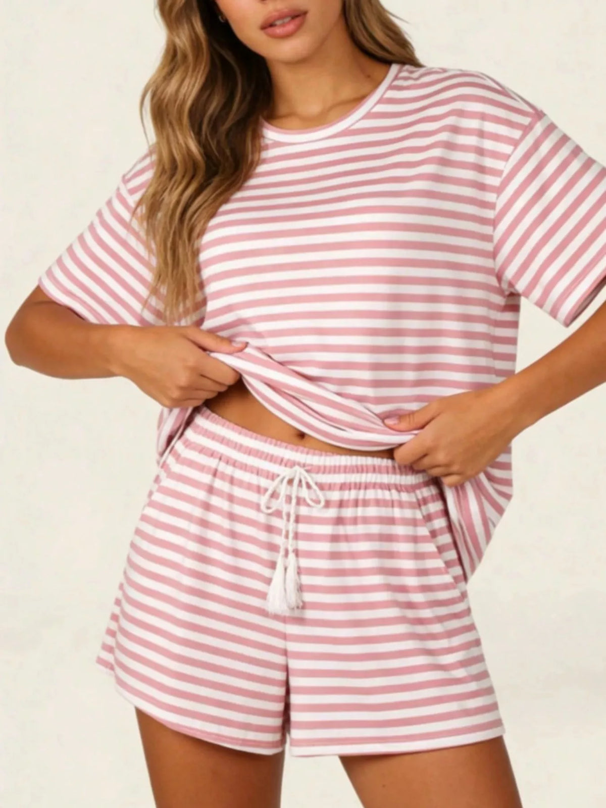 Striped Short Sleeve Tee Drawstring Shorts Set (12)