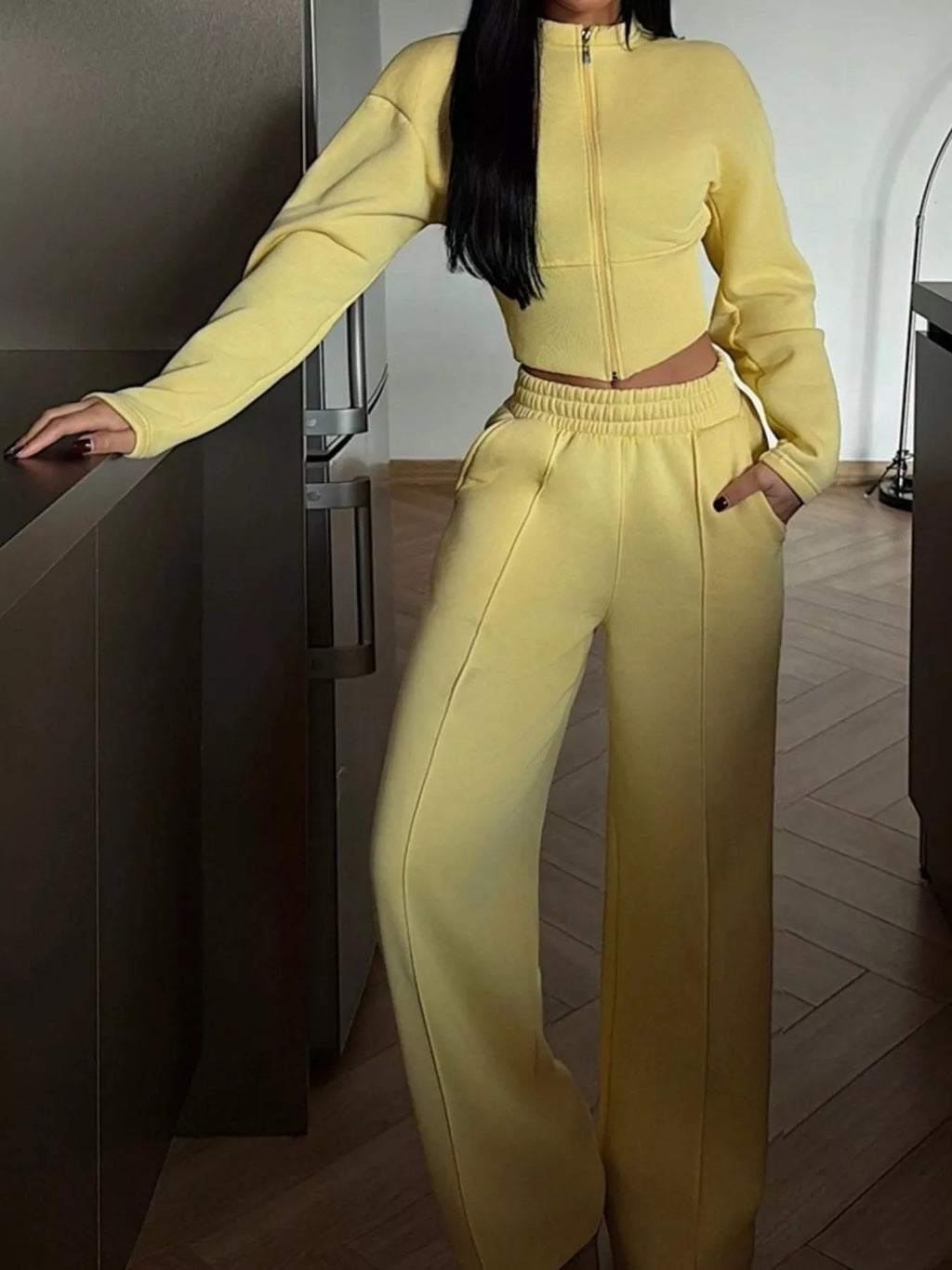 Zip-up Crop Jacket Wide-leg Pants Set (24)