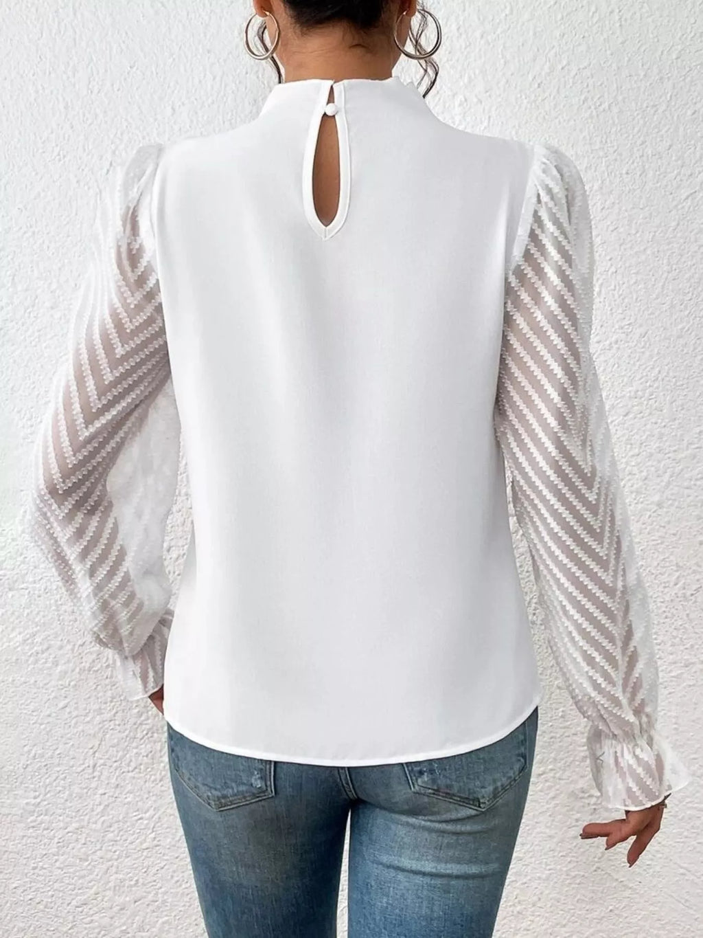 Mock Neck Sheer Lace Sleeve Blouse (5)