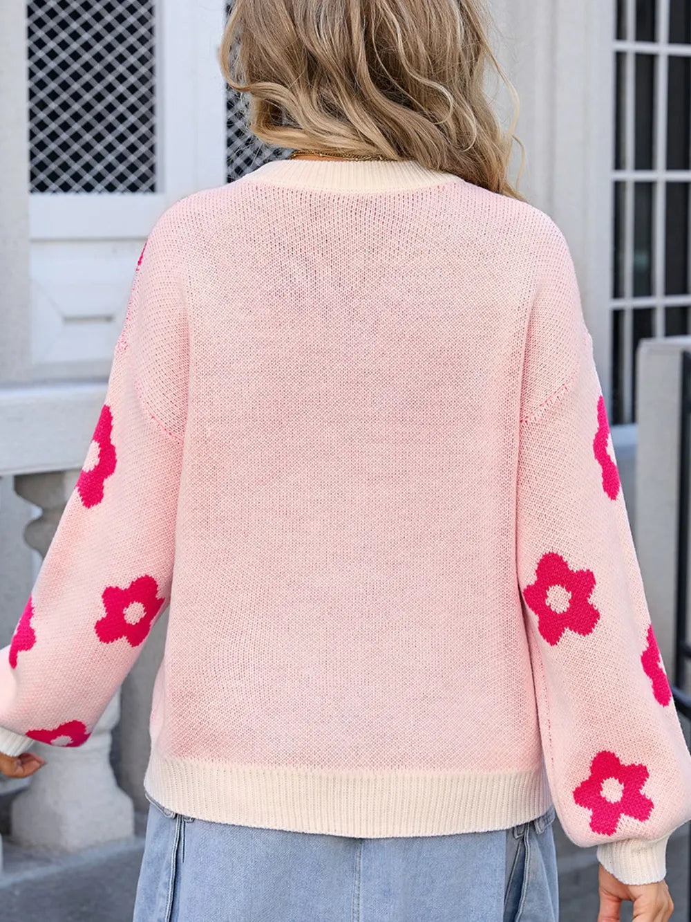Flower Round Neck Dropped Shoulder Sweater (2)