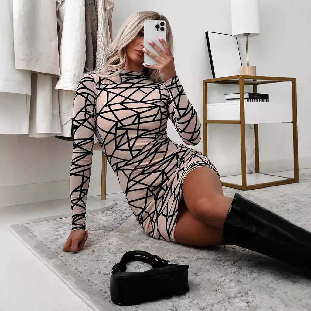 Geometric Pattern Long Sleeve Printed Round Neck Hip Skirt photo 3
