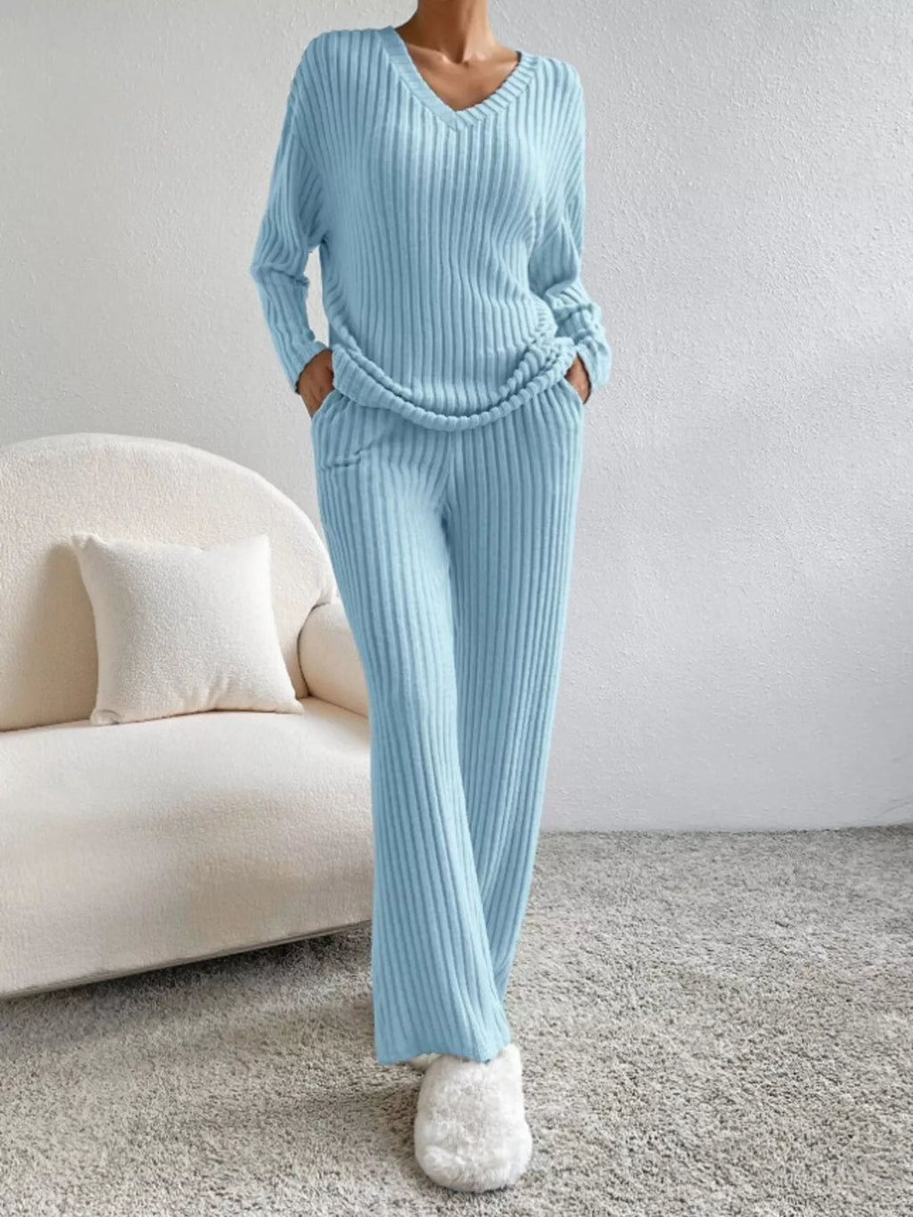 Ribbed Knit Long Sleeve Top Pants Set (10)
