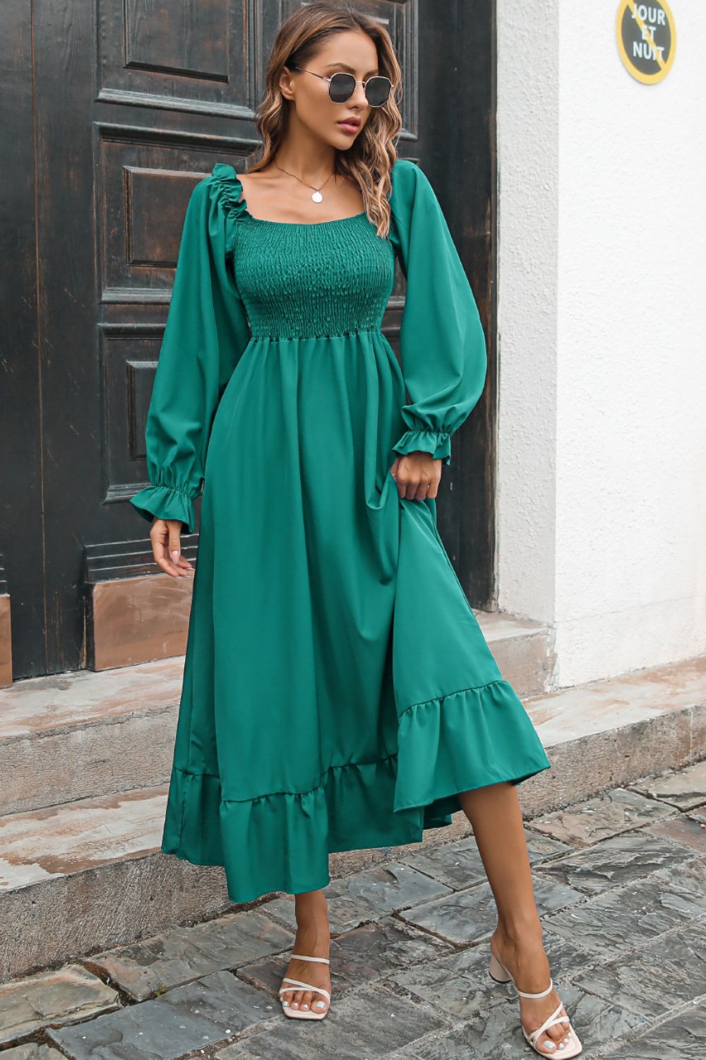 Smocked Ruffle Hem Flounce Sleeve Dress (17)