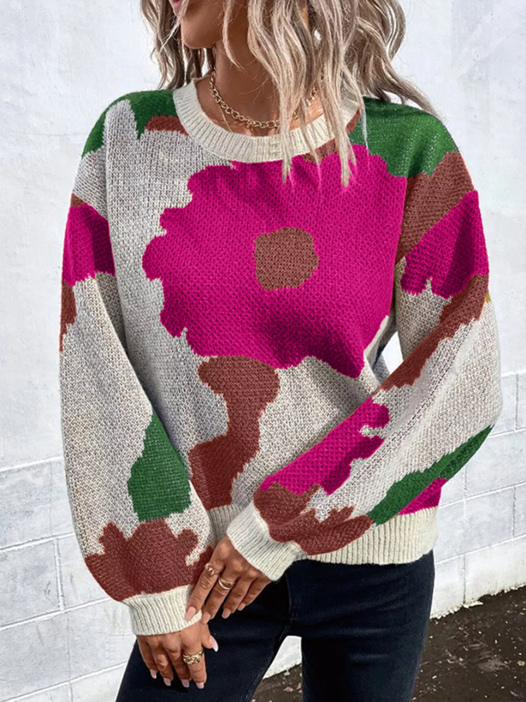 Floral Pattern Round Neck Sweater (18)