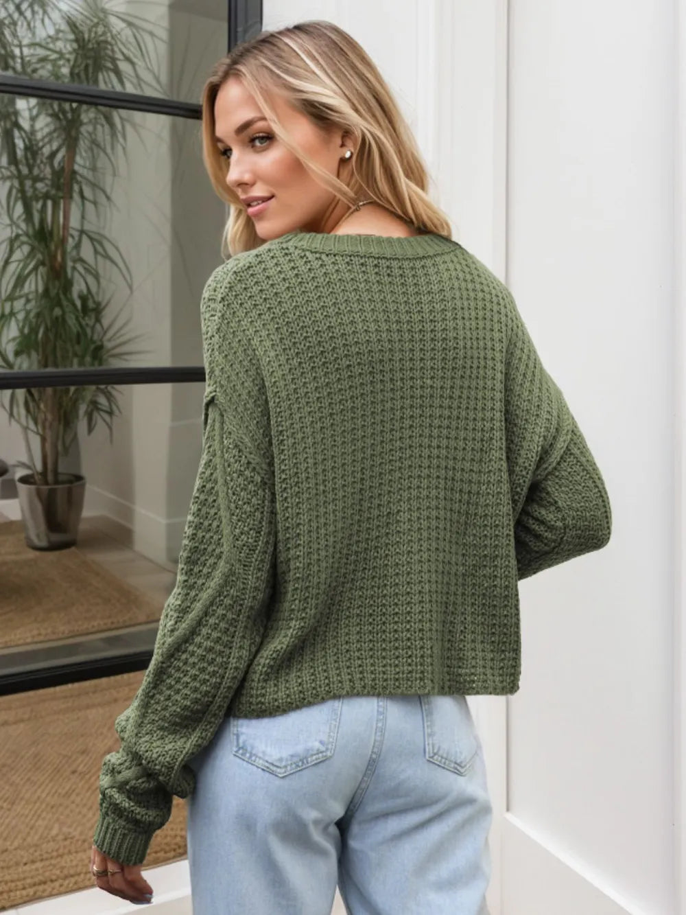 Cable-knit Round Neck Dropped Shoulder Sweater (12)