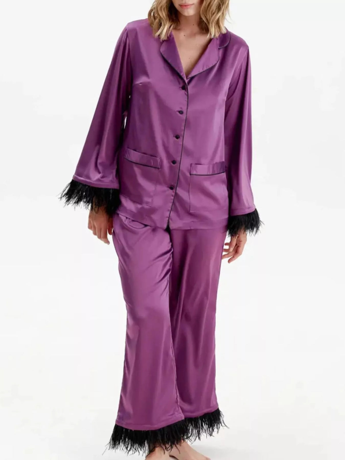 Silky Button Up Top Pants Lounge Set (14)