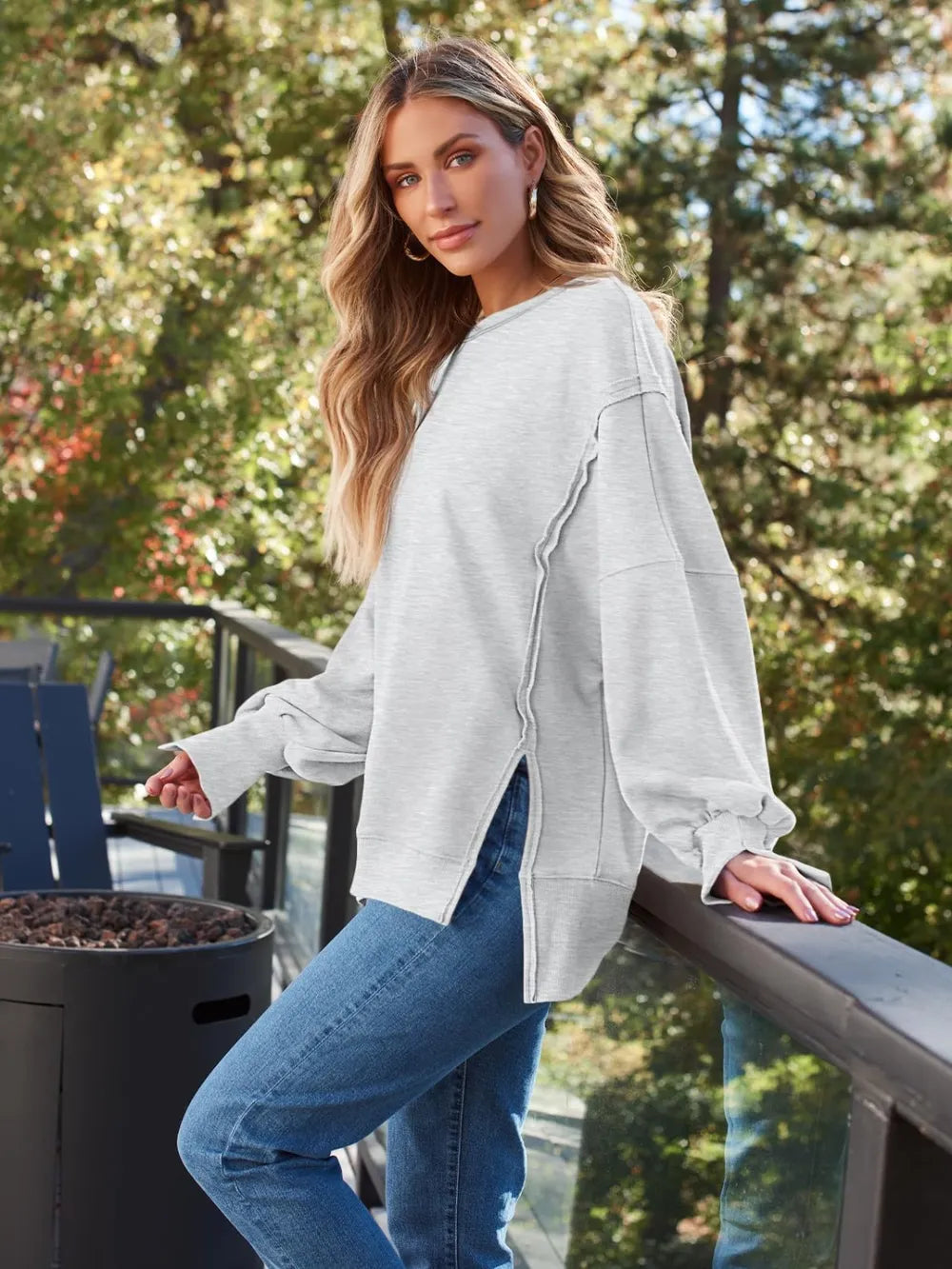 Slit Round Neck Long Sleeve Sweatshirt (6)