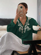 Embroidered Notched Long Sleeve Blouse (19)
