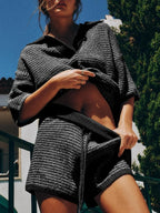 Collared Neck Contrast Striped Top Shorts Sweater Set (21)
