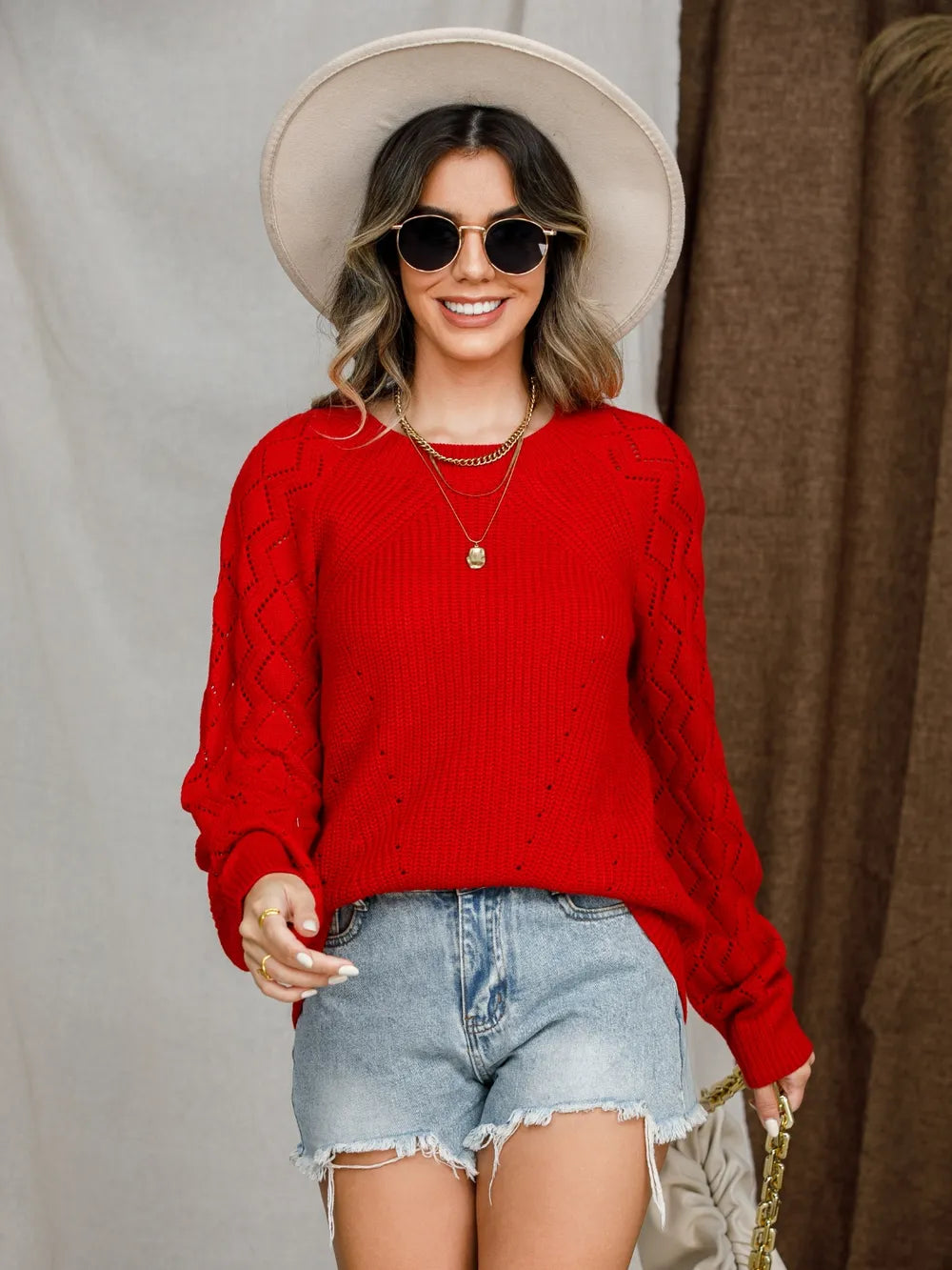 Openwork Round Neck Raglan Sleeve Sweater (35)