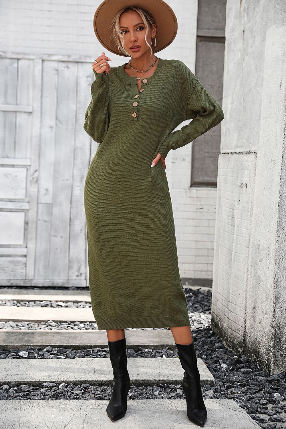 Notched Neck Dropped Shoulder Button-down Midi Dress (8)