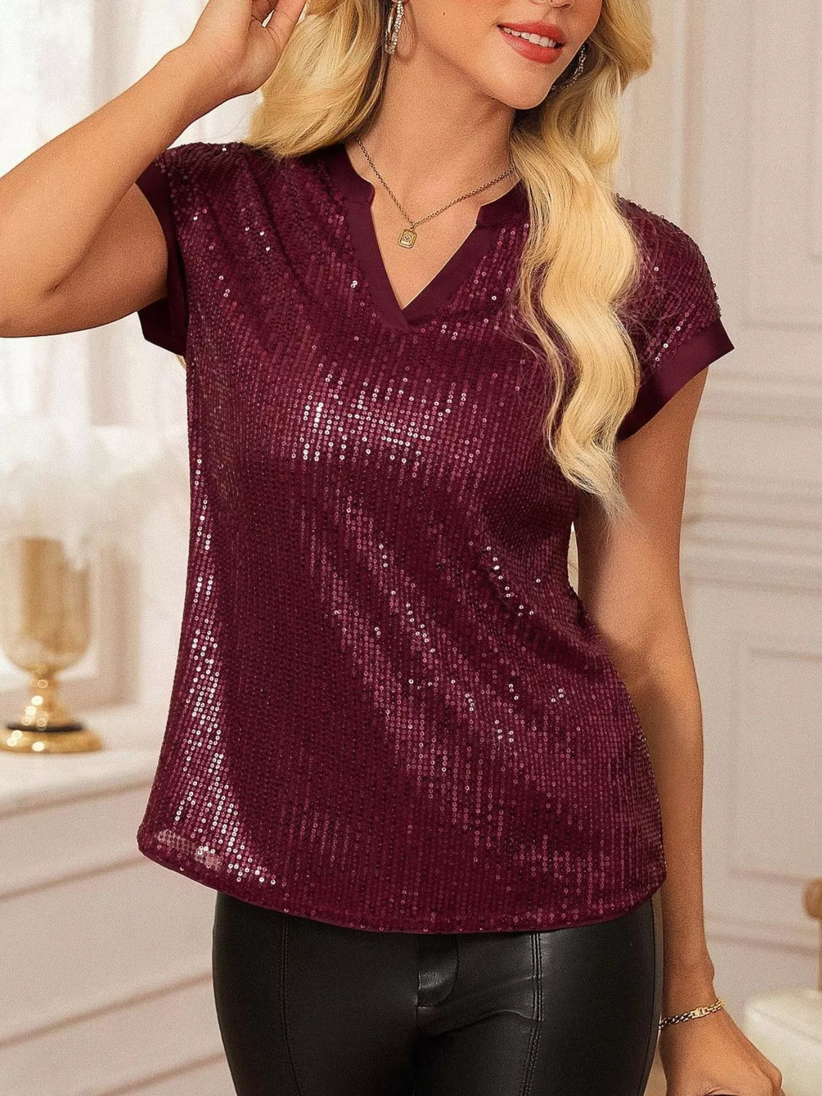 Sequin Notched Cap Sleeve Blouse (17)