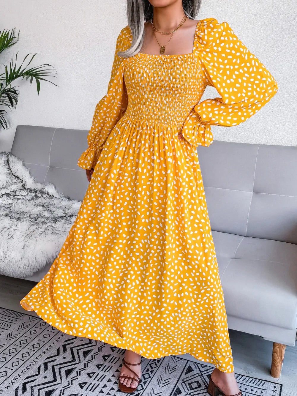 Smocked Square Neck Flounce Sleeve Dress (4)