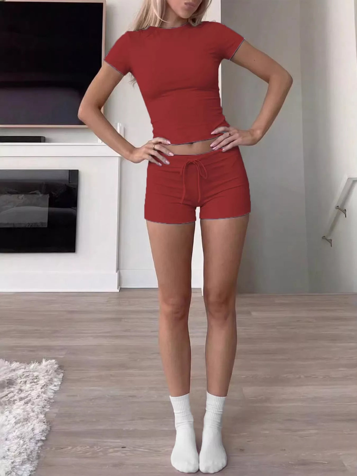Mock Neck Crop Top Drawstring Shorts Set (14)