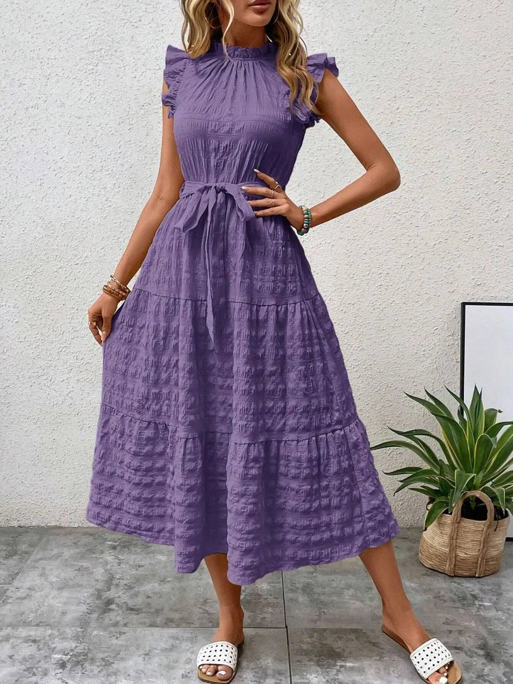 Tied Ruffled Cap Sleeve Midi Dress (22)